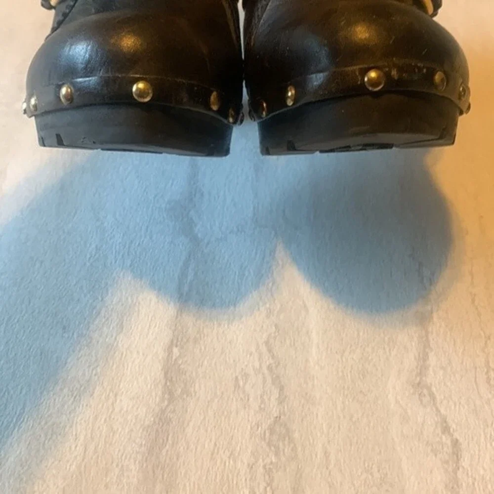 Michael Kors Studded Black Leather Wood Platform Clogs Size 9 Shearling Mules - Picture 7 of 12